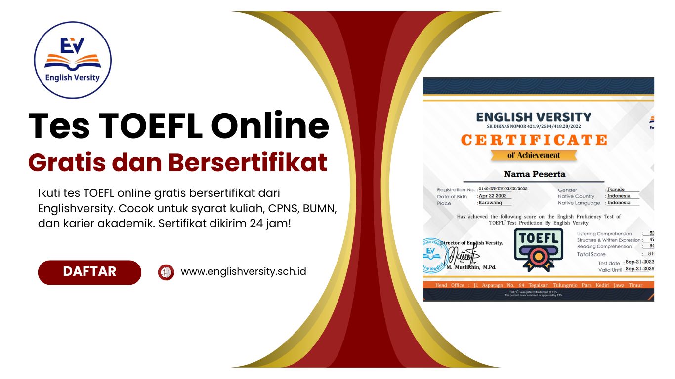 Tes TOEFL Online Gratis Bersertifikat untuk Kuliah, Kerja, CPNS & BUMN